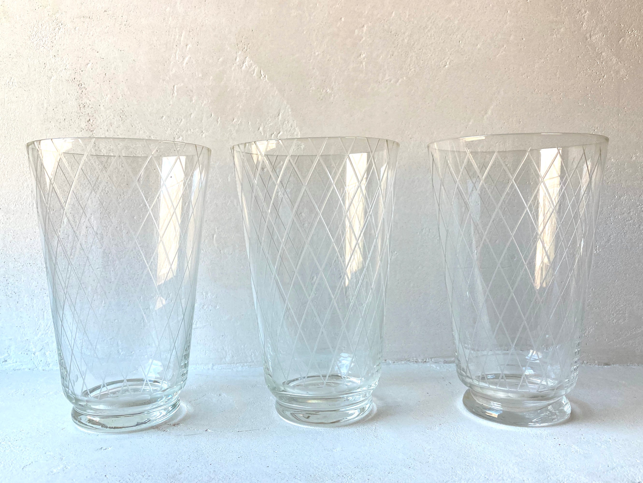 TRIO OF ETCHED CRYSTAL GLASSES